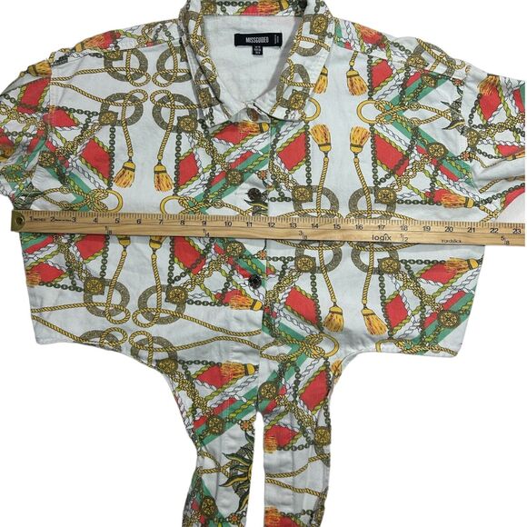 MissGuided womans sz 6 cotton Cropped White Denim Jean Tie Jacket Sun Chain - Picture 9 of 12